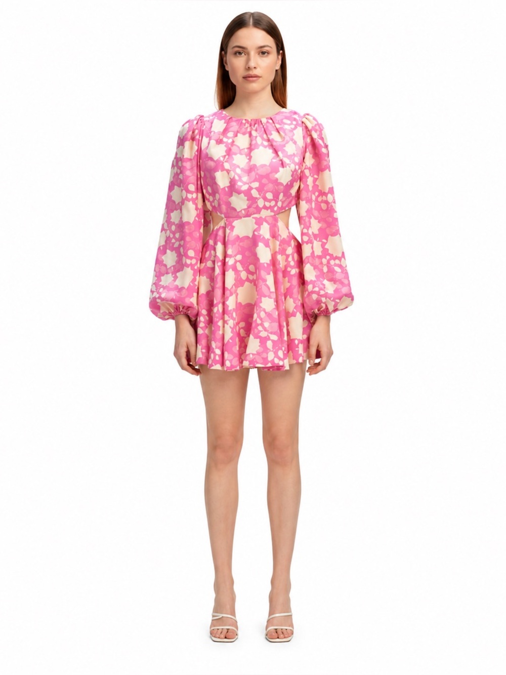Bardot Pink Floral Mini Dress Puff Sleeve Cutout Fit & Flare Party Cocktail SZ L - Picture 3 of 13
